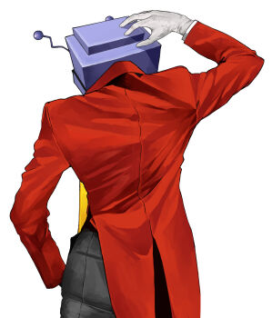 1boy absurdres ant_tenna arm_behind_head black_pants cowboy_shot crt deltarune from_behind gloves hand_on_own_hip hashtag-only_commentary highres kmknkmnr male_focus necktie object_head pants radio_antenna simple_background solo tailcoat utdr_(toby_fox) white_background white_gloves yellow_necktie