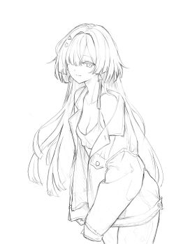 1girl alternate_costume breasts cleavage closed_mouth commentary cowboy_shot ddcc0123 earrings hair_ornament hair_over_one_eye highres jacket jewelry light_smile lineart long_hair looking_at_viewer medium_breasts mornye_(wuthering_waves) open_clothes open_jacket simple_background single_bare_shoulder solo triangle_earrings white_background wuthering_waves