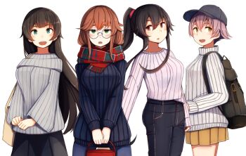 4girls agano_(kancolle) alternate_costume backpack bag baseball_cap bespectacled black_hair black_hat blush breasts brown_hair casual commentary_request denim glasses green_eyes hair_between_eyes hat holding jeans kantai_collection kumano_plan long_hair multiple_girls noshiro_(kancolle) open_mouth pants parted_lips plaid_clothes plaid_scarf ponytail red_eyes ribbed_sweater round_eyewear sakawa_(kancolle) scarf short_hair sidelocks simple_background skirt sweater turtleneck turtleneck_sweater very_long_hair white_background wide_sleeves yahagi_(kancolle) yellow_eyes