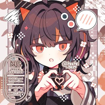 Rule 34 | 1girl, :o, ahoge, animal ear headphones, animal ears, black hair, black nails, black shirt, blush, brown background, cat ear headphones, cat ears, commentary, commission, fake animal ears, fang, four-finger heart hands, grid background, hair intakes, hands up, headphones, heart, heart hands, heart in heart hands, highres, long hair, long sleeves, mahou shoujo no majo saiban, multicolored hair, multicolored nails, nail polish, notice lines, open mouth, orange eyes, orange hair, orange nails, portrait, sawatari coco, shirocha tei, shirt, skeb commission, skin fang, solo, spoken blush, streaked hair, sweatdrop, twitter username, two-tone hair, watermark