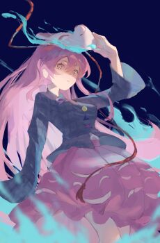 1girl blue_shirt closed_mouth commentary expressionless fish_zeratin fox_mask hair_between_eyes hata_no_kokoro highres long_hair long_sleeves looking_at_viewer mask mask_on_head pink_eyes pink_hair pink_skirt plaid_clothes plaid_shirt shirt skirt solo thighs touhou very_long_hair