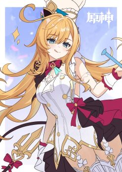 1girl :q blonde_hair blue_eyes bow breasts chef_hat dress escoffier_(genshin_impact) garter_straps genshin_impact green_eyes hasana hat highres holding long_hair looking_at_viewer medium_breasts smile solo sparkle tail thighhighs tongue tongue_out weapon white_dress white_thighhighs wrist_cuffs