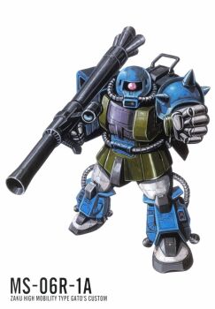 1980s_(style) bazooka_(gundam) cable character_name gundam gundam_msv highres machinery magazine_scan mecha mecha_focus mobile_suit no_humans official_art oldschool one-eyed ookawara_kunio painting_(medium) realistic retro_artstyle robot scan science_fiction scope traditional_media vernier_thrusters zaku_ii zaku_ii_hmt zaku_ii_hmt_gato_custom zeon