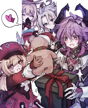 2boys 2girls albedo_(genshin_impact) alice_(genshin_impact) blonde_hair blue_eyes blush box closed_eyes closed_mouth commentary covering_own_mouth dragon_boy dragon_horns durin_(genshin_impact) genshin_impact gift gift_box gloves hat heart highres holding holding_gift horns klee_(genshin_impact) looking_at_object multiple_boys multiple_girls open_mouth red_ribbon ribbon santa_hat speech_bubble stuffed_animal stuffed_toy symbol-only_commentary teddy_bear white_gloves yuno06144