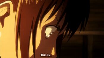 Rule 34 | 2girls, animated, animated gif, blonde hair, blue eyes, bread, brown hair, krista lenz, female focus, food, long hair, lowres, multiple girls, sasha blouse, shingeki no kyojin, subtitled, talking