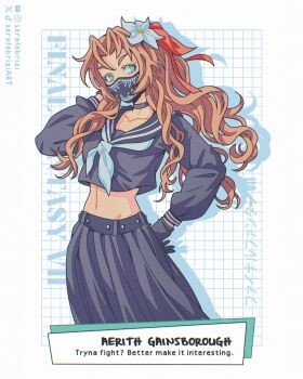 1girl aerith_gainsborough aerith_gainsborough_(midgard_seventh_high_school) black_choker black_gloves black_sailor_collar black_serafuku black_skirt character_name choker collarbone commentary cowboy_shot cropped_shirt delinquent english_commentary english_text final_fantasy final_fantasy_vii final_fantasy_vii:_ever_crisis flower gloves green_eyes hair_flower hair_ornament hair_ribbon hand_on_own_hip highres long_hair mask midriff mouth_mask navel neckerchief official_alternate_costume orange_hair pink_ribbon ribbon sailor_collar sarafabrizi school_uniform serafuku skirt solo sukeban white_flower white_neckerchief