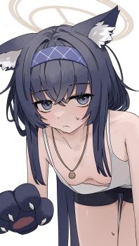 1girl animal_ear_fluff animal_ears animal_hands bare_shoulders bike_shorts black_shorts blue_archive blue_hair breasts commentary guwall halo highres jewelry long_hair looking_at_viewer necklace purple_eyes purple_hair shirt shorts simple_background sleeveless sleeveless_shirt small_breasts solo sweat tank_top ui_(blue_archive) white_background white_shirt