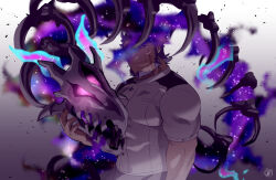Rule 34 | 1boy, animal skeleton, arm at side, arm hair, bara, beard, closed mouth, exio (live a hero), facial hair, gradient background, highres, live a hero, looking at viewer, male focus, one eye covered, red eyes, shirt, short hair, short sleeves, signature, solo, sumi wo hakuneko, white shirt