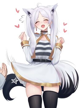 1girl ahoge animal_ear_fluff animal_ear_piercing animal_ears blush capelet closed_eyes clothes_lift cosplay earrings fox_ears fox_girl fox_tail frieren frieren_(cosplay) highres hololive jewelry long_hair open_mouth pentagram shirakami_fubuki shirt simple_background skirt skirt_lift smile solo sousou_no_frieren staff striped_clothes striped_shirt tail teardrop_earrings tks_rkgk twintails virtual_youtuber white_background white_capelet white_hair