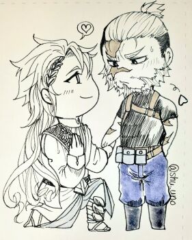 2boys ancient_greek_clothes apollo_(shuumatsu_no_valkyrie) beard belt belt_pouch boots chibi chibi_only closed_mouth diamond_(shape) diamond_hair_ornament facial_hair facial_scar floral_print gem greco-roman_clothes greyscale hair_bun hand_on_own_chest harness heart holding holding_hands kneeling laurel_crown laurel_wreath leonidas_(shuumatsu_no_valkyrie) light_blush long_hair long_sleeves looking_at_another male_focus monochrome multicolored_hair multiple_boys obi pants pouch revealing_clothes sandals sash scar scar_across_eye scar_on_arm scar_on_cheek scar_on_face scar_on_forehead scar_on_nose scars_all_over shirt short_hair shuumatsu_no_valkyrie spoken_heart standing sweatdrop toga too_many two-tone_hair very_long_hair yaoi