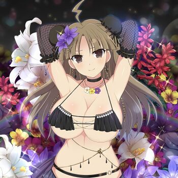 1girl ahoge armpits arms_behind_head arms_up belt bikini black_choker black_flower black_gem blush body_blush braid breasts brown_hair bun_cover choker cleavage collarbone cowboy_shot double_bun earrings elbow_gloves field fishnet_gloves fishnets flower flower_field frilled_gloves frills gem gloves hair_bun hair_flower hair_ornament highres jewelry large_breasts leaf lens_flare light_particles lightning_ahoge lily_(flower) linea_alba looking_at_viewer micro_bikini navel o-ring o-ring_belt official_art open_mouth plant purple_flower red_flower renka_(senran_kagura) revealing_clothes senran_kagura senran_kagura_estival_versus senran_kagura_new_wave shiny_skin skindentation smile solo sparkle swimsuit twin_braids underboob white_flower yaegashi_nan yellow_flower