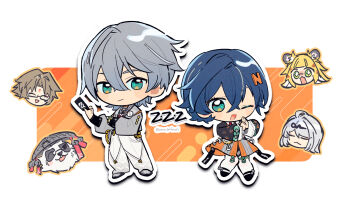 +_+ 3boys 3girls :&lt; animal_ears belle_(delicate_sunlight)_(zenless_zone_zero) belle_(zenless_zone_zero) blonde_hair blue_eyes blue_hair brown_hair chibi chibi_only china_dress chinese_clothes closed_mouth commentary_request dress facial_mark forehead_mark furry furry_male glasses grey_hair hair_between_eyes holding ju_fufu long_sleeves multiple_boys multiple_girls one_eye_closed open_mouth own_hands_together pan_yinhu panda_boy pants simple_background tatumin13 tiger_ears tiger_girl twitter_username wise_(soaring_crane)_(zenless_zone_zero) wise_(zenless_zone_zero) ye_shiyuan yixuan_(zenless_zone_zero) zenless_zone_zero