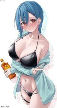 1girl absurdres alcohol bikini black_bikini blue_hair blue_jacket blush bottle breasts cleavage closed_mouth commentary_request commission earrings hair_between_eyes hair_ornament hairclip highres holding holding_bottle jacket jewelry large_breasts long_sleeves looking_at_viewer love_live! love_live!_superstar!! medium_hair open_clothes open_jacket orange_eyes parallel_hairclips pixiv_commission rikka006 single_off_shoulder solo stud_earrings suntory swimsuit thigh_strap v wakana_shiki white_background