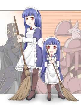 1boy 2girls abysmal_knight aged_down alice_(ragnarok_online) apron black_shoes blue_dress blue_hair blunt_bangs blush broom brown_pantyhose closed_mouth commentary_request dress dual_persona frilled_dress frills full_body gaijin_4koma_(meme) haty highres holding holding_broom layered_sleeves living_armor long_hair long_sleeves looking_at_viewer maid maid_headdress meme multiple_girls necktie open_mouth pantyhose ragnarok_online raydric raydric_archer red_eyes red_necktie shoes short_over_long_sleeves short_sleeves smile standing white_apron
