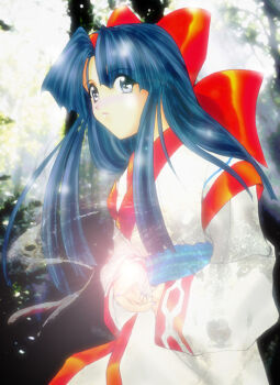 1990s_(style) 1girl ainu_clothes alternate_costume blue_eyes blue_hair breasts energy expressionless hair_ribbon legs long_hair medium_breasts nakoruru pants retro_artstyle ribbon samurai_spirits snk solo the_king_of_fighters thighs