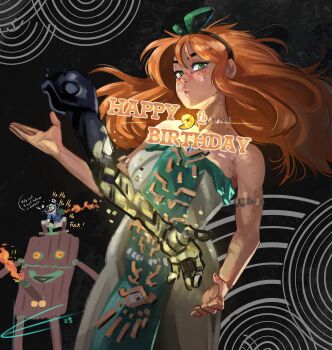 Rule 34 | 1boy, 1girl, 4chan, armband, bare shoulders, black hairband, body freckles, bow hairband, champion's tunic (zelda), collarbone, commentary, cosplay, cowboy shot, dress, eltonel, english commentary, english text, eyebrows hidden by hair, eyepatch, flamethrower, floating hair, freckles, fuse (zelda), green eyes, green ribbon, hair ribbon, hairband, happy birthday, highres, jewelry, laughing, link, link (cosplay), long hair, looking at viewer, magatama, meme, necklace, nintendo, orange hair, parted lips, princess zelda, princess zelda (cosplay), ribbon, sidelocks, signature, sleeveless, sleeveless dress, strapless, strapless dress, teardrop facial mark, the legend of zelda, the legend of zelda: tears of the kingdom, v-tan, vivian james, weapon