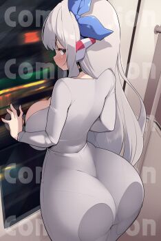 1girl absurdres against_glass ass ass_press back blue_bow blush borrowed_character bow breast_press breasts choker commission cowboy_shot dammit dongtan_dress dress english_text expressionless female_focus from_behind hair_bow highres huge_ass huge_breasts impossible_clothes impossible_dress indoors long_dress long_hair looking_at_viewer looking_back maplestory motion_blur night original pantylines robot_ears sidelocks skin_tight smile solo taut_clothes train train_interior very_long_hair white_dress white_hair window