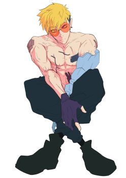 Rule 34 | 1boy, blonde hair, earrings, gender transitioning, gloves, jewelry, karina farek, male focus, mastectomy scar, mole, mole under eye, pants, partially fingerless gloves, prosthesis, prosthetic arm, round eyewear, scar, scar on chest, shoes, short hair, simple background, single earring, solo, sunglasses, tinted eyewear, trigun, trigun stampede, undercut, vash the stampede