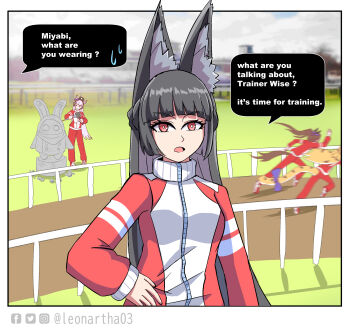 4girls animal_ear_fluff animal_ears bangboo_(zenless_zone_zero) black_hair blonde_hair blurry blurry_background border bow bright_pupils brown_hair colored_inner_hair crossover day ear_bow ear_covers english_text facebook_logo fox_ears gold_ship_(umamusume) grey_hair hair_bow high_ponytail highres horse_ears horse_girl horse_racing_track horse_tail hoshimi_miyabi instagram_logo jacket ju_fufu leonartha03 long_hair long_sleeves looking_at_viewer motion_blur multicolored_hair multiple_girls open_mouth outdoors pants pillbox_hat ponytail red_eyes running sakura_bakushin_o_(umamusume) sculpting sculpture shoes standing tail tail_bow tail_ornament tiger_ears tiger_girl tiger_tail tracen_training_uniform track_jacket track_pants track_suit twitter_logo two-tone_hair umamusume very_long_hair white_pupils zenless_zone_zero zipper