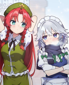 2girls apron arms_up beret black_scarf blue_dress blue_eyes blush bow braid breath brown_bow brown_ribbon chikuzen1996 closed_mouth cold collared_shirt commentary_request crossed_arms dress gloves green_bow green_hat green_skirt green_vest grey_hair hair_bow hat hat_ornament highres hong_meiling izayoi_sakuya long_hair maid maid_headdress multiple_girls neck_ribbon puffy_short_sleeves puffy_sleeves red_hair ribbon scarf shirt short_sleeves side_slit skirt star_(symbol) star_hat_ornament touhou twin_braids very_long_hair vest waist_apron white_apron white_gloves white_shirt