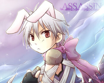 1boy animal_ears armor assassin_(ragnarok_online) bandages bandages_over_clothes blue_background brown_eyes chiya_(beastbeast) closed_mouth commentary_request fake_animal_ears fingerless_gloves frown gloves grey_hair looking_at_viewer male_focus pauldrons purple_scarf purple_shirt rabbit_ears ragnarok_online scarf shirt short_hair shoulder_armor sleeveless sleeveless_shirt solo upper_body
