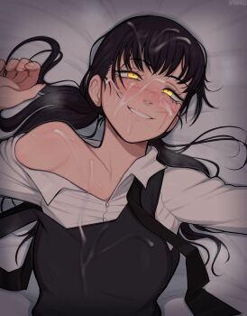 1girl afrobull aftersex black_hair blush breasts buttons chainsaw_man collared_shirt cum cum_on_body cum_on_breasts cum_on_hair cum_on_upper_body facial highres long_hair messy_hair open_mouth post_nut_clarity rolling_eyes school_uniform shirt smile solo upper_body white_shirt yellow_eyes yoru_(chainsaw_man)
