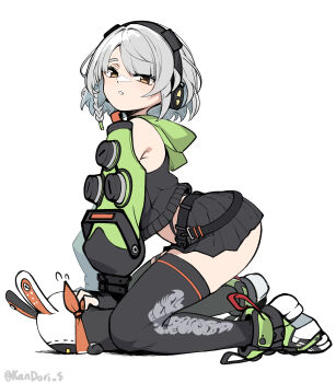 1girl absurdres anby_demara armpit_crease ass bangboo_(zenless_zone_zero) black_gloves black_skirt black_thighhighs braid brown_eyes commentary_request detached_sleeves eous_(zenless_zone_zero) expressionless fingerless_gloves full_body gloves green_shoes green_sleeves grey_hair headphones highres kandori long_sleeves looking_at_viewer parted_lips pleated_skirt shoes simple_background skirt thighhighs white_background zenless_zone_zero