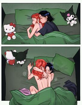 2girls bed_sheet black_hair black_shirt blush camisole closed_eyes clothes_on_bed cuddling cuddling_to_sex_2koma_(tcn_tancha) hand_in_another's_hair hello_kitty_(character) highres hug implied_fingering implied_tribadism kininatteru_hito_ga_otoko_ja_nakatta koga_mitsuki kuromi long_hair multiple_girls my_melody_(series) nail_polish notdaidreams nude on_bed oosawa_aya orange_hair pillow pink_camisole sanrio sheet_grab shirt short_hair short_sleeves sleeping stuffed_animal stuffed_toy sweat under_covers unworn_clothes yuri