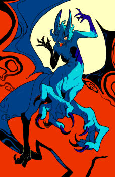 1girl absurdres black_hands blue_hair blue_hands blue_skin blue_wings claws colored_extremities colored_skin demon_girl demon_horns grin hair_over_one_eye highres horns looking_at_viewer momomo_906 monster_girl orange_eyes orange_wings original short_hair smile tail taur tongue tongue_out two-tone_wings wings