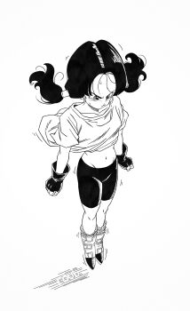 1girl absurdres arms_at_side bike_shorts boots closed_eyes closed_mouth commentary dragon_ball dragonball_z english_commentary floating flying from_below full_body greyscale highres midriff monochrome motion_lines navel roub3d scarf shirt shorts simple_background solo twintails videl white_background wind wind_lift