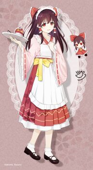 1girl absurdres alternate_costume apron bow brown_background brown_hair brown_shoes character_doll character_name cherry commentary doll english_commentary factorization20 food food_request frilled_bow frilled_hair_tubes frills fruit full_body fumo_(doll) hair_bow hair_tubes hakama hakama_skirt hakurei_reimu highres holding holding_tray ice_cream japanese_clothes kimono long_hair looking_at_viewer maid maid_headdress pink_kimono red_bow red_eyes red_hakama ribbon-trimmed_sleeves ribbon_trim shoes skirt socks solo touhou tray wa_maid white_apron white_socks