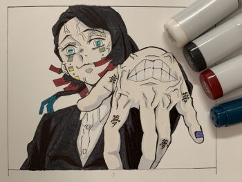 Rule 34 | 1boy, aqua eyes, art tools in frame, black hair, black jacket, blue nails, border, buttons, closed mouth, colored tips, commentary, derivative work, enmu (kimetsu no yaiba), facial mark, finger tattoo, floating hair, foreshortening, hand focus, highres, imminent attack, inset border, jacket, kanji tattoo, kimetsu no yaiba, long sleeves, looking at viewer, male focus, marker (medium), medium hair, misplaced mouth, multicolored hair, outstretched arm, photo (medium), raised eyebrows, reaching, reaching towards another, smile, solo, symbol-shaped pupils, tattoo, tears facial mark, traditional media, trap, undershirt, uyu (milk mow), veins, veiny face, veiny hands, white border