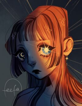 Rule 34 | 1girl, black eyes, black lips, blue eyes, crescent moon, earrings, feefal, heterochromia, highres, hime cut, jewelry, lips, lipstick, long hair, makeup, moon, nose, original, procreate (medium), solo, sun, upper body