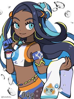 1girl bare_shoulders black_hair blue_eyes blue_hair chewtle crop_top dark-skinned_female dark_skin earrings gen_8_pokemon gloves highres jewelry kokashiho long_hair nessa_(pokemon) nintendo pokemon pokemon_swsh shorts single_glove sleeveless swimsuit towel two-tone_gloves water_drop
