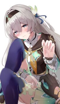 2girls absurdres aqua_skirt black_gloves black_hairband black_thighhighs blush cropped_jacket firefly_(honkai:_star_rail) gloves gradient_thighhighs grey_hair hair_between_eyes hair_ornament hairband highres honkai:_star_rail honkai_(series) long_hair long_sleeves looking_at_viewer moni_(moni7475) multicolored_eyes multiple_girls pout shirt simple_background skirt solo_focus stelle_(honkai:_star_rail) sweat thighhighs trailblazer_(honkai:_star_rail) white_background white_shirt