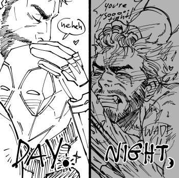 2boys absurdres beard blush bodysuit clenched_teeth closed_eyes comforting commentary couple crying deadpool deadpool_&amp;_wolverine deadpool_(series) english_commentary english_text facial_hair full-face_blush gloves grabbing_another's_hair heart highres holding_another's_hair hug implied_sex looking_at_viewer male_focus marvel marvel mask mature_male meme monochrome multiple_boys muscular muscular_male short_hair sometimes_like_this/also_like_that_(meme) speech_bubble superhero_costume t00_far teeth wolverine_(x-men) x-men yaoi