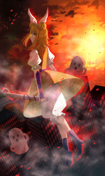 1girl absurdres armor armored_skirt black_boots blonde_hair bloomers boots cityscape closed_mouth double_bun falling_petals flying fog hair_bun hair_ribbon haniwa_(statue) highres holding_statuette joutouguu_mayumi looking_back medium_hair nettian51 petals plate_armor ribbon shirt solo solo_focus tagme touhou underwear white_bloomers white_ribbon white_shirt yellow_eyes