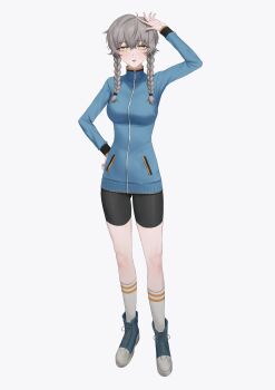 1girl absurdres amane_suzuha arm_up bike_shorts braid breasts full_body hand_up highres jacket kneehighs koha_2652 long_hair long_sleeves looking_at_viewer medium_breasts narrowed_eyes open_mouth science_adventure simple_background smile socks solo standing steins;gate striped_clothes striped_socks twin_braids yellow_eyes zipper zipper_pull_tab