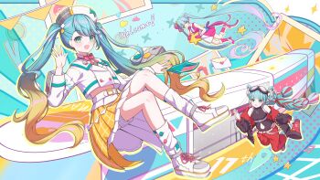 1girl 3girls absurdres aqua_eyes aqua_hair baggy_pants beret black_jacket black_shirt blonde_hair blunt_bangs bow bowtie cropped_jacket detached_hair dress goggles goggles_on_head gradient_hair hair_between_eyes hat hatsune_miku highres jacket letter lingerain long_hair long_sleeves looking_at_viewer magical_mirai_(vocaloid) magical_mirai_miku magical_mirai_miku_(2022) magical_mirai_miku_(2023) multicolored_hair multiple_girls multiple_persona official_alternate_costume official_alternate_hairstyle open_mouth pants pink_bow pink_bowtie pleated_skirt red_hair red_pants ring_hair_ornament shirt shoes shorts shorts_under_skirt skirt sleeveless sleeveless_dress smile spring_onion train twintails two-tone_dress very_long_hair vocaloid white_dress white_hat white_jacket white_shoes white_shorts yellow_skirt