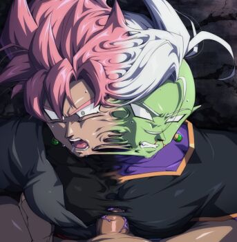 3boys between_pectorals black_dougi black_shirt blood clenched_teeth colored_skin commentary constricted_pupils dougi dragon_ball dragon_ball_super drooling earrings from_above fuse goku_black gold_trim green_skin grey_eyes grey_tunic jacket jewelry kaioushin liquid long_sleeves male_focus medium_hair mesh multiple_boys nosebleed oguri_shun open_mouth penis pink_hair pointy_ears potara_earrings pov pov_crotch purple_liquid purple_shirt rubble shiny_skin shirt spiked_hair sweatdrop teeth tunic undershirt unworn_earring veins white_hair yaoi zamasu