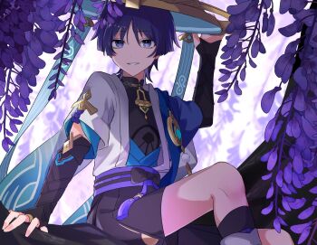 1boy arm_at_side arm_support armor belt black_belt black_bodysuit black_bow black_bridal_gauntlets black_shorts blue_cape blue_gemstone blue_hat blue_kimono blue_sleeves blunt_ends bodysuit bow bridal_gauntlets cape covered_collarbone eyeliner eyeshadow feathers flower furisode gem genshin_impact gold gold_ring hakama hakama_shorts hand_up hat highres japanese_armor japanese_clothes jingasa juban kimono kote kurokote layered_sleeves looking_at_viewer makeup male_focus mandarin_collar middle_ring open_clothes open_kimono outdoors parted_lips pleated_shorts pom_pom_(clothes) purple_eyes purple_hair purple_rope purple_sash red_eyeliner red_eyeshadow ringed_eyes rope sash scaramouche_(genshin_impact) short_sleeves shorts sitting_on_branch smile solo tassel vision_(genshin_impact) wamin wanderer_(genshin_impact) white_kimono white_mouth white_sleeves wispy_bangs wisteria yellow_feathers