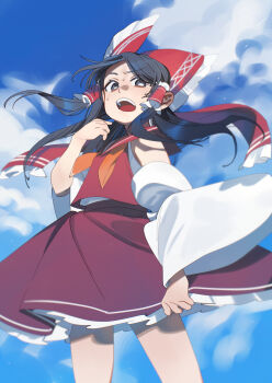 1girl absurdres black_eyes black_hair blue_sky bow bright_pupils cloud commentary_request day detached_sleeves frilled_bow frilled_hair_tubes frilled_skirt frills hair_bow hair_tubes hakurei_reimu highres long_hair open_mouth red_bow red_shirt red_skirt shi_chimi shirt skirt skirt_set sky solo sweat teeth touhou upper_teeth_only white_pupils