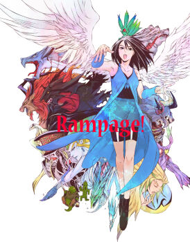 3girls alexander_(final_fantasy) angel_wings arm_ribbon bahamut_(final_fantasy) bare_shoulders bike_shorts black_boots black_eyes black_hair black_ribbon black_shirt black_shorts blonde_hair blue_cardigan blue_eyes blue_skin blue_skirt blue_sleeves boots breasts brothers_(ff8) carbuncle_(final_fantasy) cardigan cerberus_(ff8) closed_eyes colored_skin commentary_request creature d-maker detached_sleeves diabolos doomtrain dragon eden_(final_fantasy) feathered_wings final_fantasy final_fantasy_viii forehead_jewel full_body grey_robe guardian_force head_wings holding holding_knife hood hood_down hooded_robe horns ifrit_(final_fantasy) knife leviathan_(final_fantasy) long_hair medium_breasts miniskirt monster multiple_girls open_mouth pandemona pointy_ears quetzalcoatl_(final_fantasy) ribbon rinoa_heartilly robe sabotender sharp_teeth shirt shiva_(final_fantasy) shorts shorts_under_skirt siren_(final_fantasy) skirt teeth tonberry tongue tongue_out tusks upper_body white_background white_wings wings yellow_eyes