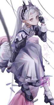 1girl apron arknights black_dress black_footwear black_gloves bullet commentary dress earrings gloves grey_eyes hairband head_wings highres irene_(arknights) irene_(voyage_of_feathers)_(arknights) jewelry juliet_sleeves long_hair long_sleeves maid_headdress official_alternate_costume ponytail puffy_sleeves sakura_wazaki seal_impression sitting sleeve_cuffs socks solo watermark white_apron white_hair white_hairband white_socks wings