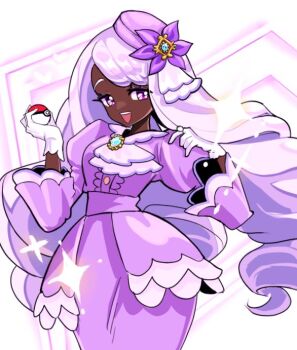 1girl 3733 :d commentary cowboy_shot dark-skinned_female dark_skin dress flower gloves hat hat_flower heart holding holding_poke_ball jacinthe_(pokemon) long_hair nintendo open_mouth poke_ball pokemon pokemon_legends:_z-a purple_dress purple_eyes purple_hair simple_background smile solo standing white_background white_gloves