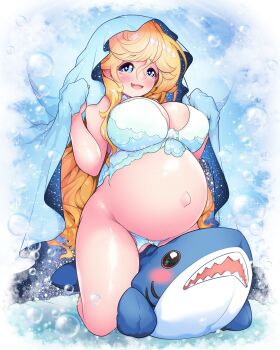 1girl :d absurdres big_belly bikini blonde_hair blue_eyes blush breasts curly_hair highres large_breasts monster_strike mukakin:zero nightingale_(monster_strike) open_mouth outie_navel pregnant smile solo stuffed_animal stuffed_shark stuffed_toy swimsuit