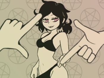 1girl ashley_graves black_bra black_hair black_panties bra breasts cleavage panties panty_pull pink_eyes the_coffin_of_andy_and_leyley underwear