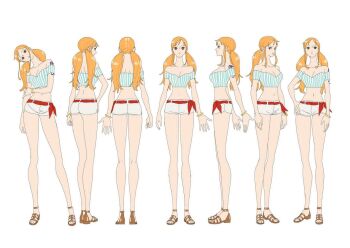 1girl ankle_strap ass asymmetrical_bangs bare_shoulders belt bracelet breasts brown_eyes closed_eyes closed_mouth collarbone commentary crop_top curvy english_commentary full_body gold_bracelet jewelry kojima_takashi large_breasts long_hair long_legs long_sidelocks low_twintails midriff multiple_views nami_(one_piece) narrow_waist navel off-shoulder_shirt off_shoulder official_art one_piece one_piece_heroines open_mouth orange_hair pink_lips red_belt reference_sheet sandals shirt short_shorts shorts shoulder_tattoo sidelocks simple_background slim_legs standing striped_clothes striped_shirt tattoo turnaround twintails two-tone_shirt vertical-striped_clothes vertical-striped_shirt white_background wide_hips