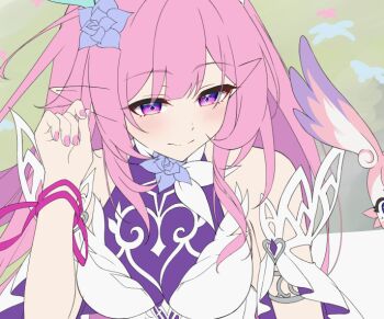 2girls auui bare_shoulders blush bracelet breasts cropped cyrene_(honkai:_star_rail) cyrene_(ripples_of_past_reverie)_(honkai:_star_rail) detached_sleeves dress hair_ornament honkai:_star_rail honkai_(series) jewelry large_breasts mem_(honkai:_star_rail) multiple_girls pink_hair pink_nails pointy_ears purple_eyes unfinished white_dress