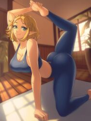 Rule 34 | 1girl, absurdres, artist request, ass, bare shoulders, barefoot, blonde hair, blue sports bra, braid, breasts, cleavage, closed mouth, collarbone, crown braid, feet, female focus, foot out of frame, green eyes, highres, huge ass, indoors, large breasts, leg up, looking at viewer, nintendo, pants, plant, pointy ears, potted plant, princess zelda, short hair, sidelocks, smile, solo, source request, sports bra, sunlight, the legend of zelda, the legend of zelda: tears of the kingdom, tight clothes, tight pants, yoga mat, yoga pants